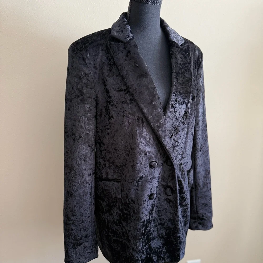 Topshop Black Crushed Velvet Blazer US 10 Double Breasted - Picture 2 of 13